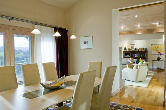 InterSpace Design – Dining Table with Custom Recycled Mosaic Glass inset in Dining Room with view of Los Altos Hills