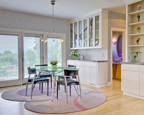 Nook with colorful Pendant Lighting, Stained Glass Cabinet Doors and Custom Area Rug